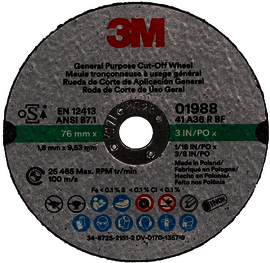 3M™ 3" X 0.0625" X 3/8"  Aluminum Oxide Type 1 Cut-off Wheel