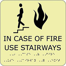 Accuform Signs® 9" X 8" Black And White .10" Glow-In-The Dark Braille Plastic Directional & Traffic Sign "IN CASE OF FIRE USE STAIRWAYS"