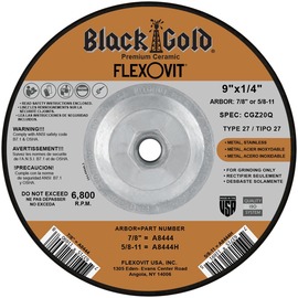 FlexOVit® 9" X 1/4" X 5/8" - 11" Black Gold® 20 Grit Zirconia Alumina Type 27 Spin-On Depressed Center Grinding Wheel FlexOVit® 9" X 1/4" X 5/8" - 11" Black Gold® 20 Grit Zirconia Alumina Type 27 Spin-On Depressed Center Grinding Wheel