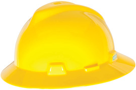 MSA Yellow V-Gard® Polyethylene Full Brim Hard Hat With 4 Point Ratchet Suspension MSA Yellow V-Gard® Polyethylene Full Brim Hard Hat With 4 Point Ratchet Suspension