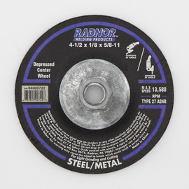 RADNOR™ 4 1/2" X .125" X 5/8" - 11" Aluminum Oxide Type 27 Depressed Center Cut Off Wheel/Grinding Wheel RADNOR™ 4 1/2" X .125" X 5/8" - 11" Aluminum Oxide Type 27 Depressed Center Cut Off Wheel/Grinding Wheel