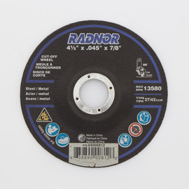 RADNOR™ 4 1/2" X .045" X 7/8" Aluminum Oxide Type 27 Cut Off Wheel RADNOR™ 4 1/2" X .045" X 7/8" Aluminum Oxide Type 27 Cut Off Wheel