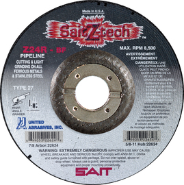 United Abrasives 9" X 1/8" X 7/8" Sait Z-Tech™ Pipeline Zirconium Type 27 Grinding Wheel