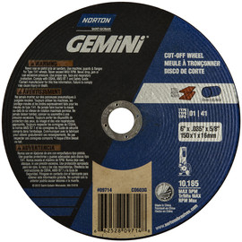 Norton® 6" X .040" X 5/8" Gemini® Medium Grit Aluminum Oxide Type 01/41 Cut Off Wheel