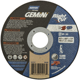 Norton® 4 1/2" X .045" X 7/8" Gemini®/RightCut® Coarse Grit Aluminum Oxide Type 01/41 Cut Off Wheel