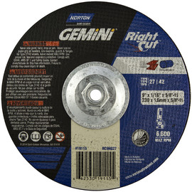 Norton® 9" X 1/16" X 5/8" - 11" Gemini®/RightCut® Extra Coarse Grit Aluminum Oxide Type 27/42 Depressed Center Cut Off Wheel