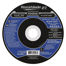 FlexOVit® 4" X 3/32" X 5/8" Razorblade 27® 24 - 30 Grit Aluminum Oxide Grain Type 27 Depressed Center Cut Off Wheel