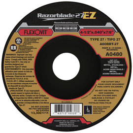 FlexOVit® 4 1/2" X .040" X 7/8" Razorblade 27® EZ 60 Grit Aluminum Oxide Grain Type 27 Depressed Center Cut Off Wheel