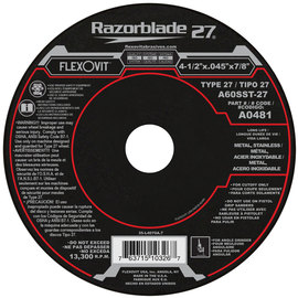 FlexOVit® 4 1/2" X .045" X 7/8" Razorblade 27® 60 Grit Aluminum Oxide Grain Type 27 Depressed Center Cut Off Wheel