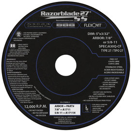 FlexOVit® 5" X 3/32" X 7/8" Razorblade 27® SS 30 Grit Aluminum Oxide Grain Type 27 Depressed Center Cut Off Wheel