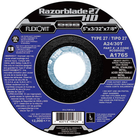 FlexOVit® 5" X 3/32" X 7/8" Razorblade 27® 24 - 30 Grit Aluminum Oxide Grain Type 27 Depressed Center Cut Off Wheel