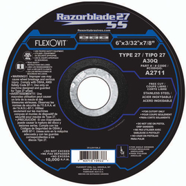 FlexOVit® 6" X 3/32" X 7/8" Razorblade 27® SS 30 Grit Aluminum Oxide Grain Type 27 Depressed Center Cut Off Wheel