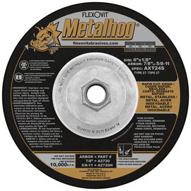 FlexOVit® 6" X 1/8" X 5/8" - 11 Metalhog® 24 Grit Premium Blend Grain Type 27 Spin-On Depressed Center Grinding Wheel