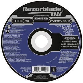 FlexOVit® 7" X 3/32" X 7/8" Razorblade 27® 24 - 30 Grit Aluminum Oxide Grain Type 27 Depressed Center Cut Off Wheel