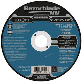 FlexOVit® 5" X 3/32" X 7/8" Razorblade® HD 36 Grit Aluminum Oxide Grain Type 1 Cut Off Wheel