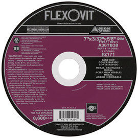 FlexOVit® 7" X 3/32" X 5/8" HIGH PERFORMANCE™ METAL 36 Grit Aluminum Oxide Grain Type 1 Cut Off Wheel