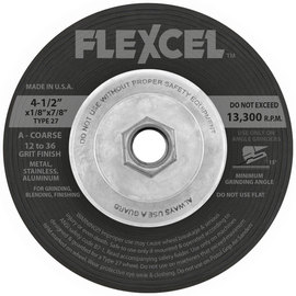 FlexOVit® 4 1/2" X 1/8" X 5/8" - 11 FLEXCEL® 12 - 36 Grit Aluminum Oxide Grain Type 27 Spin-On Grinding Wheel