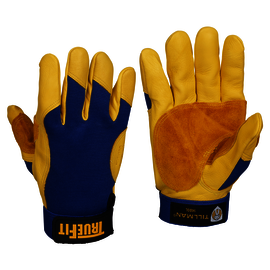 Tillman™ Size Large Gold And Blue TrueFit™ Spandex And Deerskin Full Finger Mechanics Gloves With Elastic And Hook and Loop Cuff