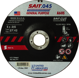 United Abrasives 6" X .045" X 7/8" SAIT Aluminum Oxide Type 27 / Type 42 Cut Off Wheel