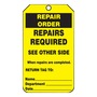 AccuformNMC™ 5 3/4" X 3 1/4" Black/Yellow PF-Cardstock Repair Status Tag "REPAIR ORDER REPAIRS REQUIRED WHEN REPAIRS ARE COMPLETED. RETURN TAG TO: NAME___DEPARTMENT___DATE___/REPAIR ORDER EQUIPMENT ID___LOCATION___PROBLEM___"