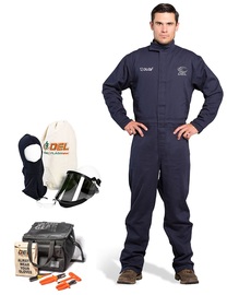 OEL Medium Blue Cotton Blend Premium Indura Flame Resistant Coverall With Non-Metallic Zipper Hook and Loop Closure