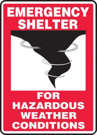 Accuform Signs® 14" X 10" White And Red 0.055" Plastic Fire And Emergency Sign "EMERGENCY SHELTER FOR HAZARDOUS WEATHER CONDITIONS (With Graphic)" With 3/16" Mounting Hole And Round Corner