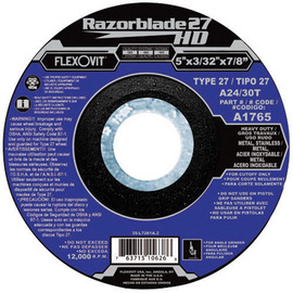 FlexOVit® 4 1/2" X 3/32" X 7/8" Razorblade 27® 24 - 30 Grit Aluminum Oxide Grain Type 27 Depressed Center Cut Off Wheel