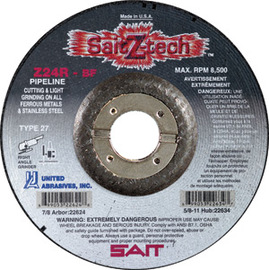 United Abrasives 4 1/2" X 1/8" X 7/8" Sait Z-Tech™ Pipeline Zirconium Type 27 Grinding Wheel